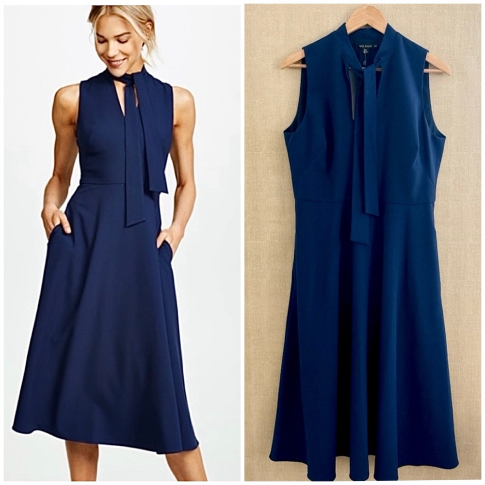 Black Halo Carolina Dress 14 Blue Career Sleeveless Modern Tie Neck Midi Length - Picture 2 of 16